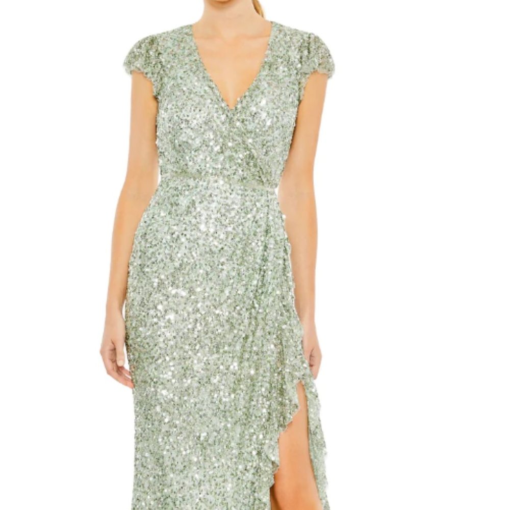MAC DUGGAL 70113 SEQUINED FAUX WRAP RUFFLE CAP SLEEVE SEAFOAM GREEN GOWN sz 2